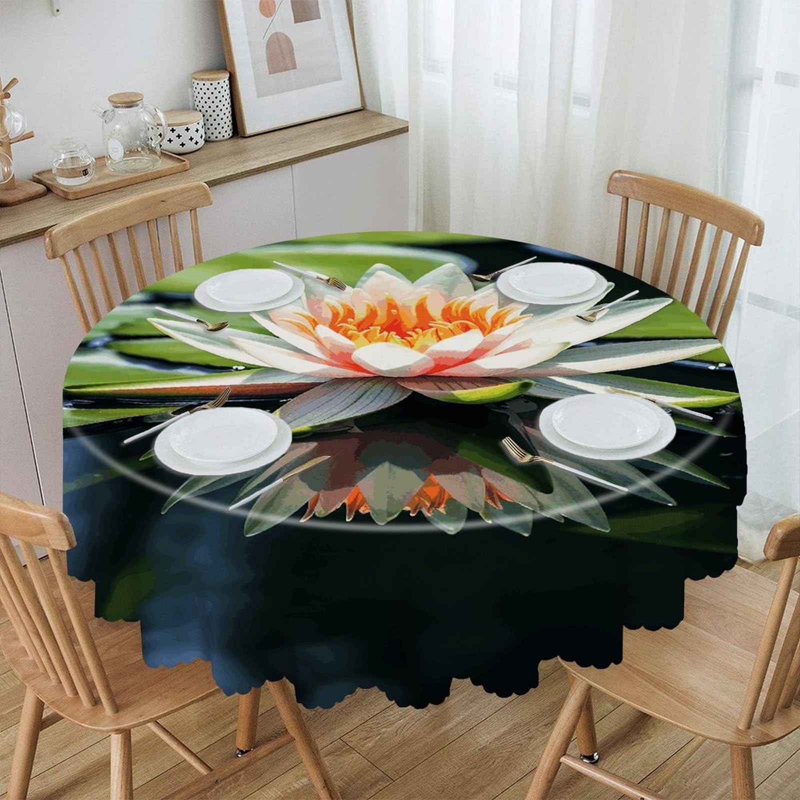 JTREHY Water Lily Round Tablecloth 60 Inch Water Resistant Spill Proof Washable Polyester Table Cloth Wipeable Washable Table Cover for Buffet Tables Holiday Party Dinner