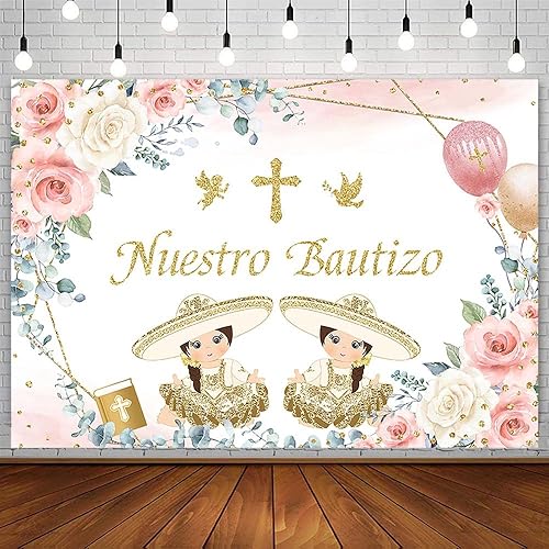 AIBIIN Telón de fondo Mi Bautizo de 7 x 5 pies para niñas gemelas, Nuestro bautizo, bautizo, primera comunión, decoraciones de fiesta de bendición