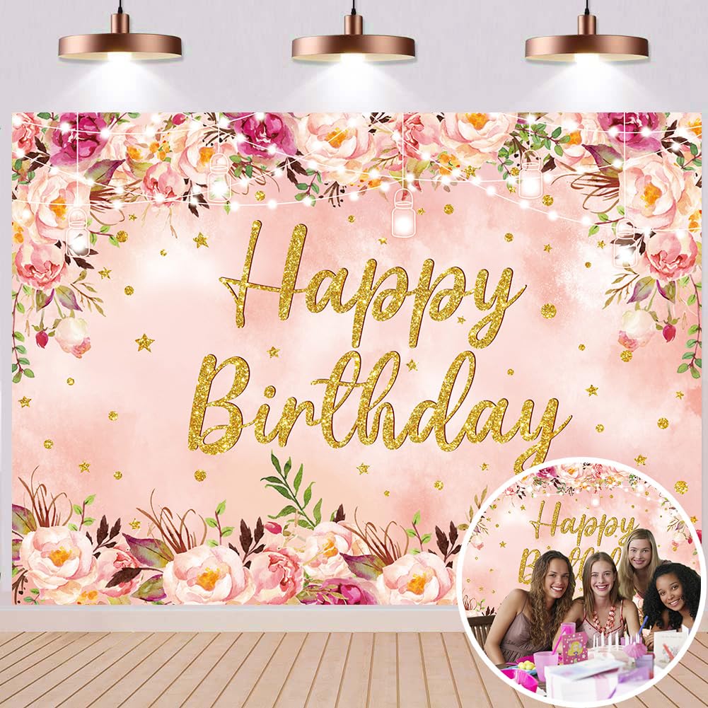 Floral Happy Birthday Backdrop Spring Pink Rose Flower Photography Background for Women Girls Birthday Wedding Party Baby Shower Decorations Supplies