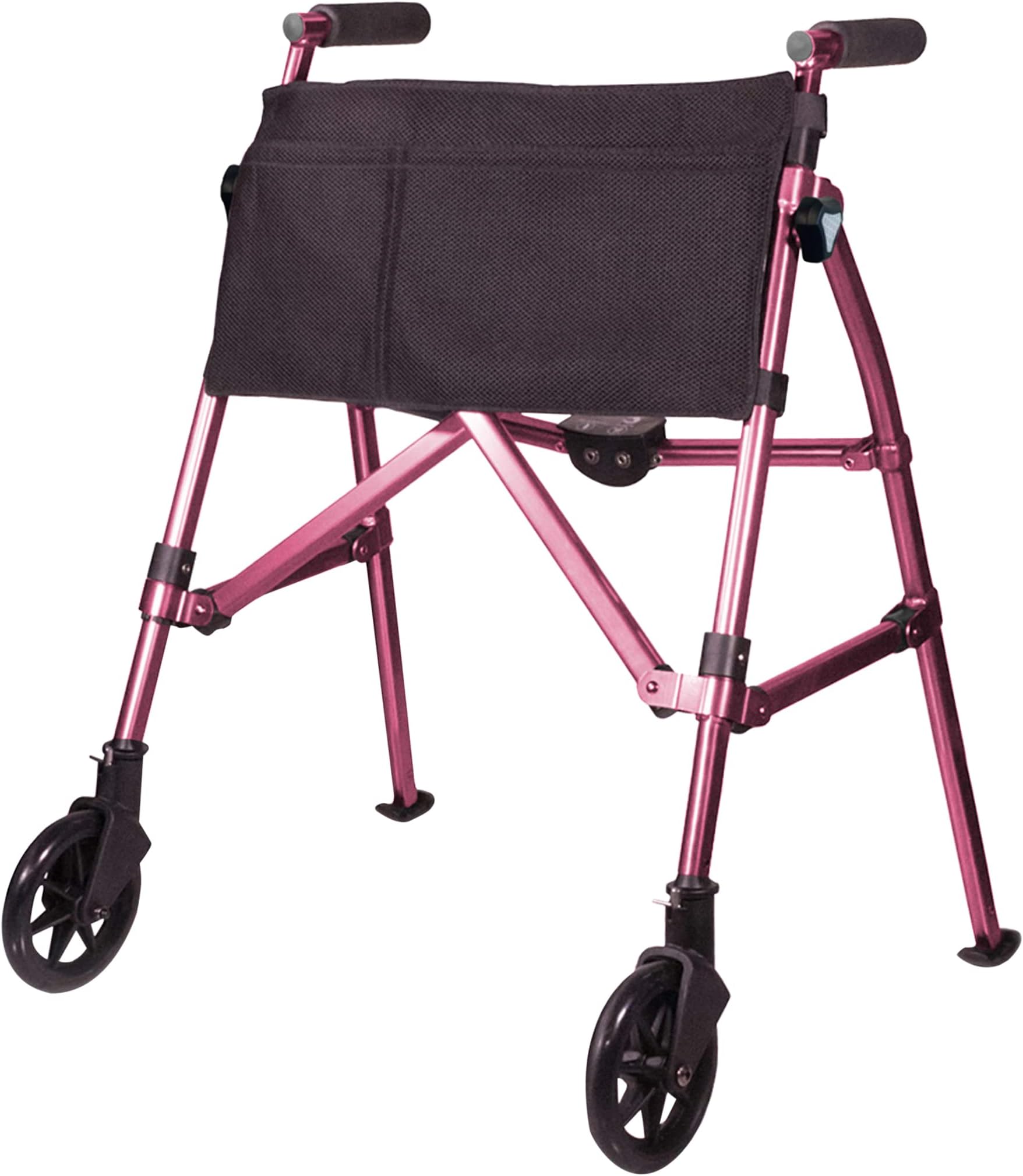 Stander Wonder Walker Plus Short, Junior Lightweight Folding Rolling-Walker for Adults, Seniors, Elderly, Petite Travel-Walker with Wheels, Glides, Pouch, Compact Standard-Walker, Regal Rose