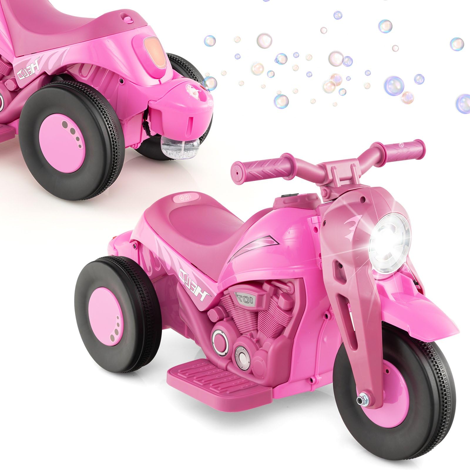 FUTADA Kids Ride On Motorcycle with Bubble Maker, 6V Battery Powered Toddler Motorcycle with LED Light, Music, Foot Pedal, Forward/Backward, 3-Wheel Electric Motorcycle Gift for Boys & Girls (Pink)