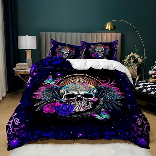 AILONEN Skull Duvet Cover Set Full Size, 3D Metal Skull Comforter Cover Set,Rose Skull Bedding Set,3Pcs Glitter Blue Galaxy Comforter Cover Set, 1 Quilt Cover and 2 Pillowcases