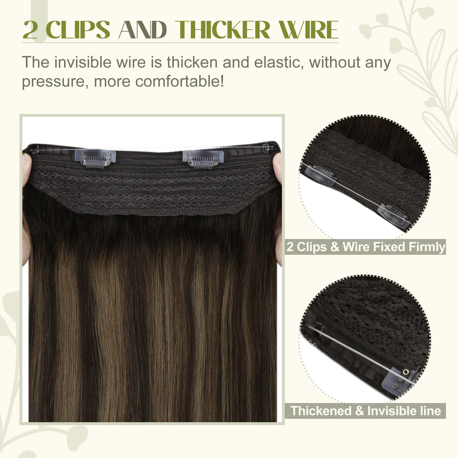 Fshine Extension Filo Invisibile Capelli Veri 40CM 80g Extension Capelli Veri Balayage Colore 2 Castano Scuro e 6 Castano Medio con 2 Marrone Scuro Brasiliani Lisci Extension Wire Hair Extensions
