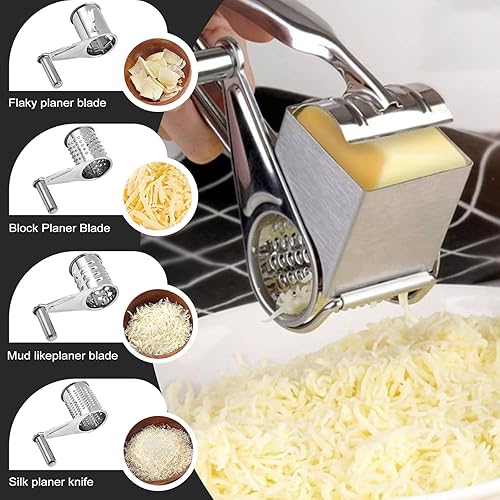 Miniatura 3 de Rallador de queso giratorio multiusos, 7.8 x 3.2 pulgadas, rallador de queso extraíble de mano con 4 rodillos de acero inoxidable, rallador
