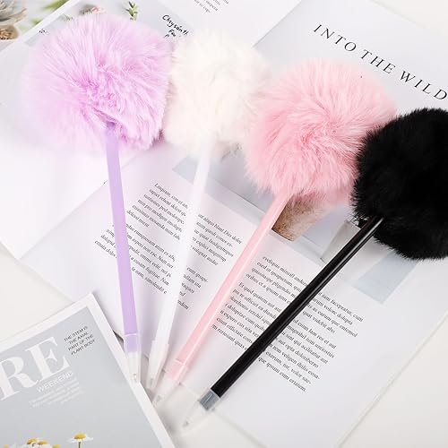 Miniatura 6 de BIWONUI Juego de 8 bolígrafos esponjosos con pompones, suministros escolares, color negro, rosa, morado y blanco, colorido juego de papelería para