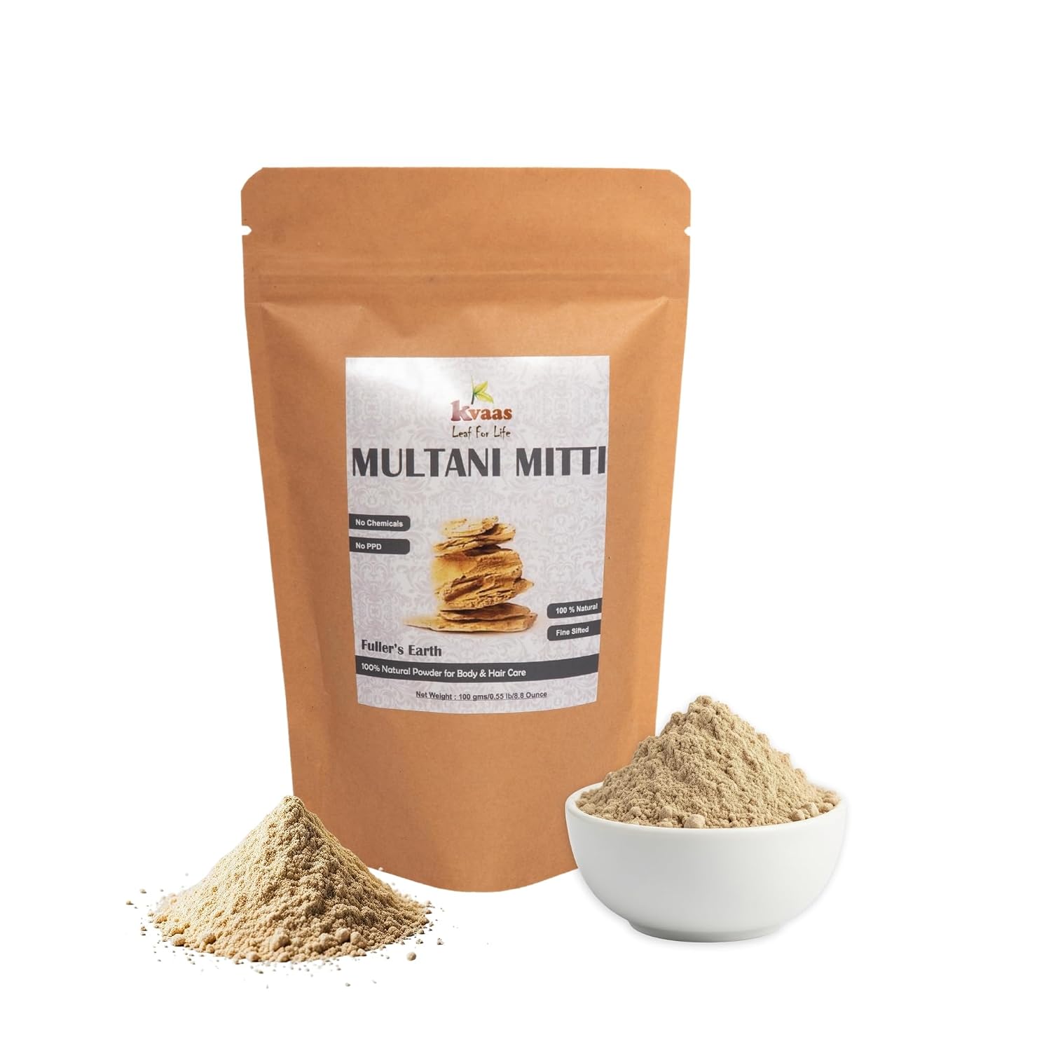KVAAS Multani Mitti (Fuller’s Earth Clay) 100g – Indian Healing Clay for Face Mask, Acne Control, Oil Balancing, Skin Detox & Natural Skin Care