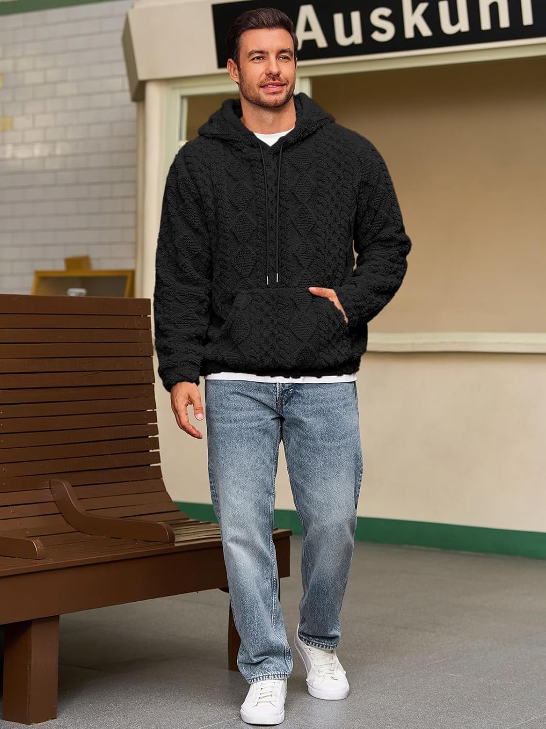 Runcati Mens Fuzzy Sherpa Hoodie Pullover Sweatshirts Long Sleeve Front Pocket Fall Winter Hooded Textured Outwear - Image 5