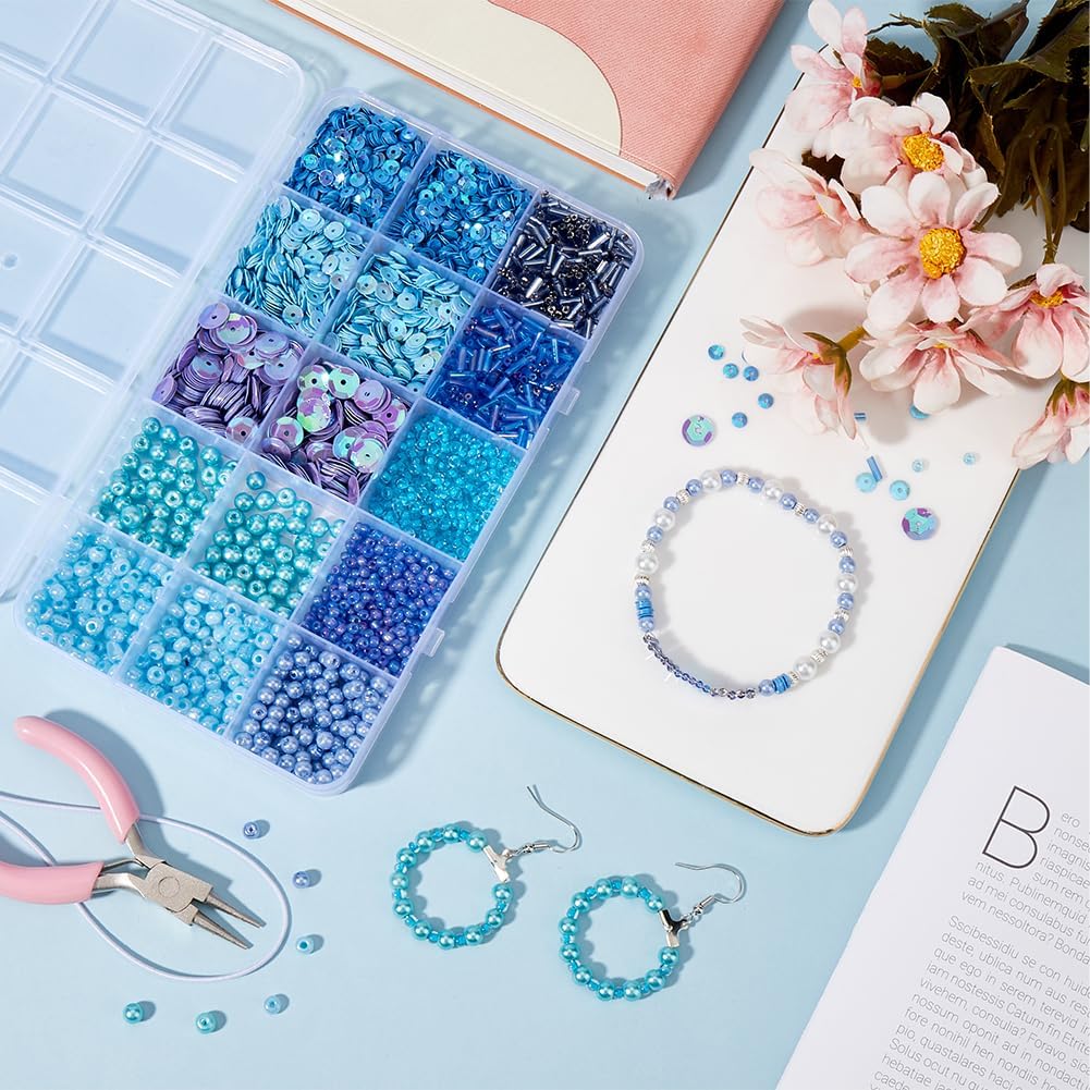SUNNYCLUE Bead and Sequin Kit Glass Pearls Blue Seed Bead Plastic Paillette Glass Bugle Loose Spacers for Jewelry Making Necklace Bracelet Earrings Beading Craft DIY Supplies - Image 4