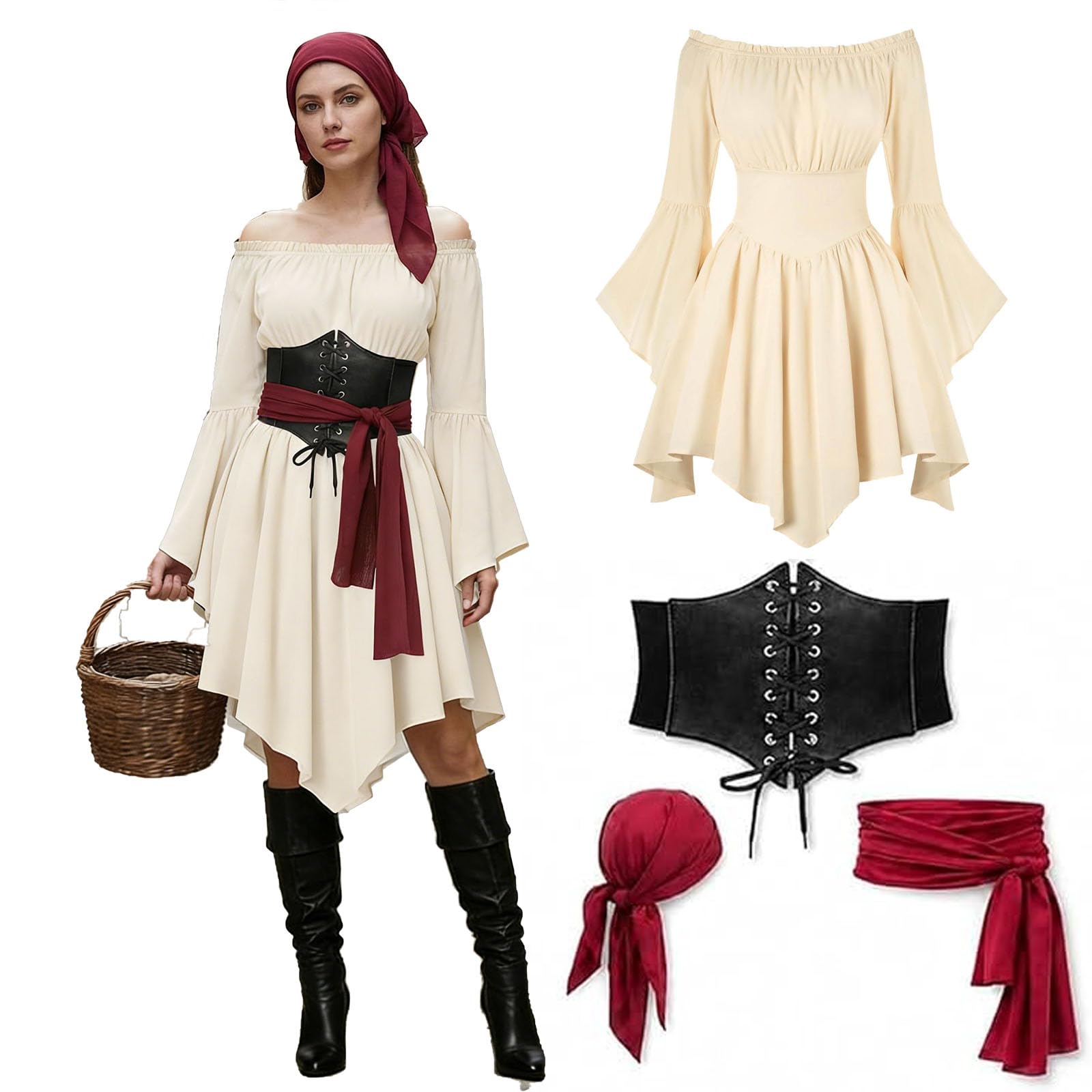 Pirate Costume Women Fancy Dress For Adults Halloween Costumes 4 PCS Womens Pirate Costume Adult Ladies Caribbean-Costumes For Cosplay Party Plus Size Medieval Dress Outfits Clothing