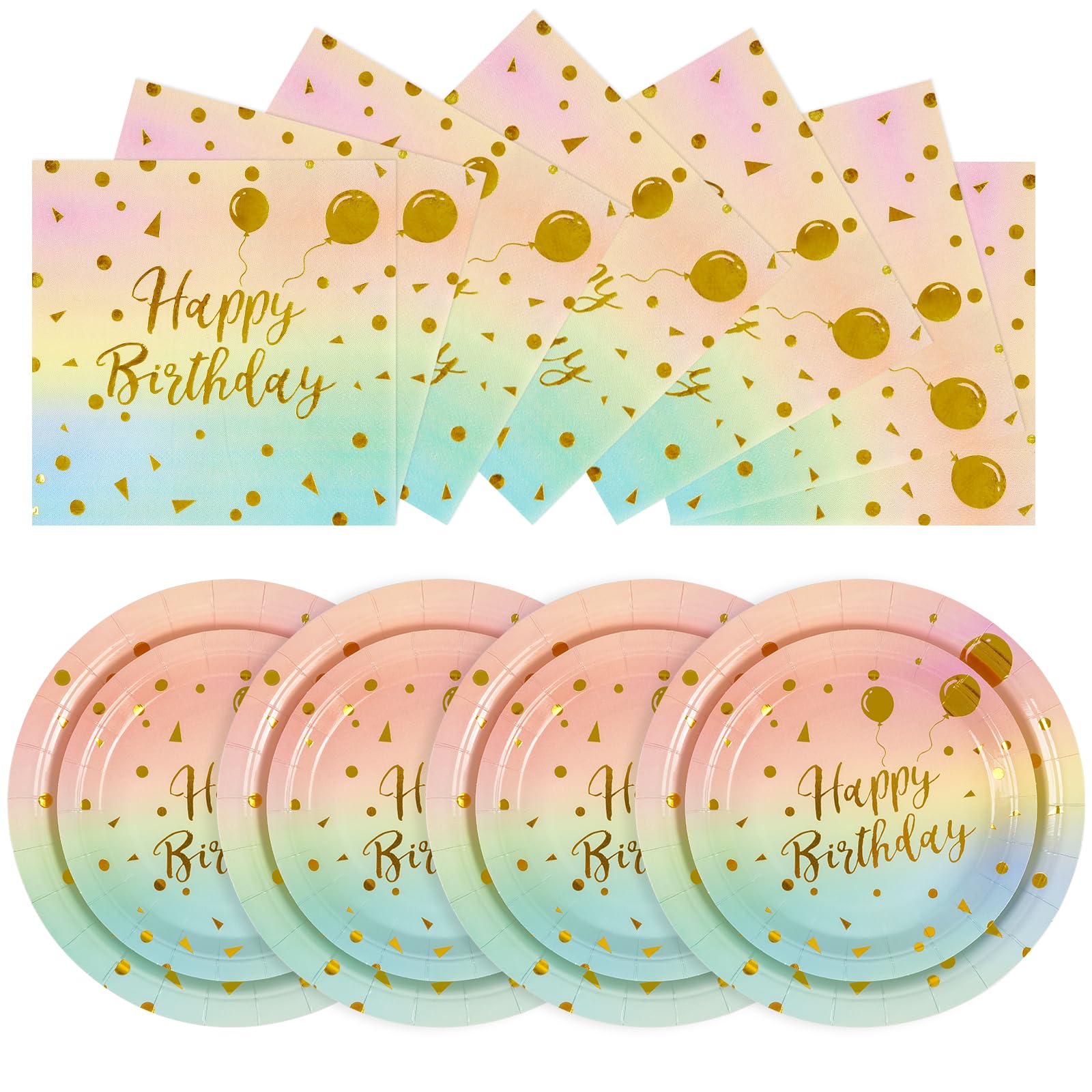 PUEVENYI 48PCS Happy Birthday Paper Plates - Colorful Gold Dots Tableware Set Includes 7Inch & 9Inch Paper Plates and 6.5Inch Napkins Disposable
