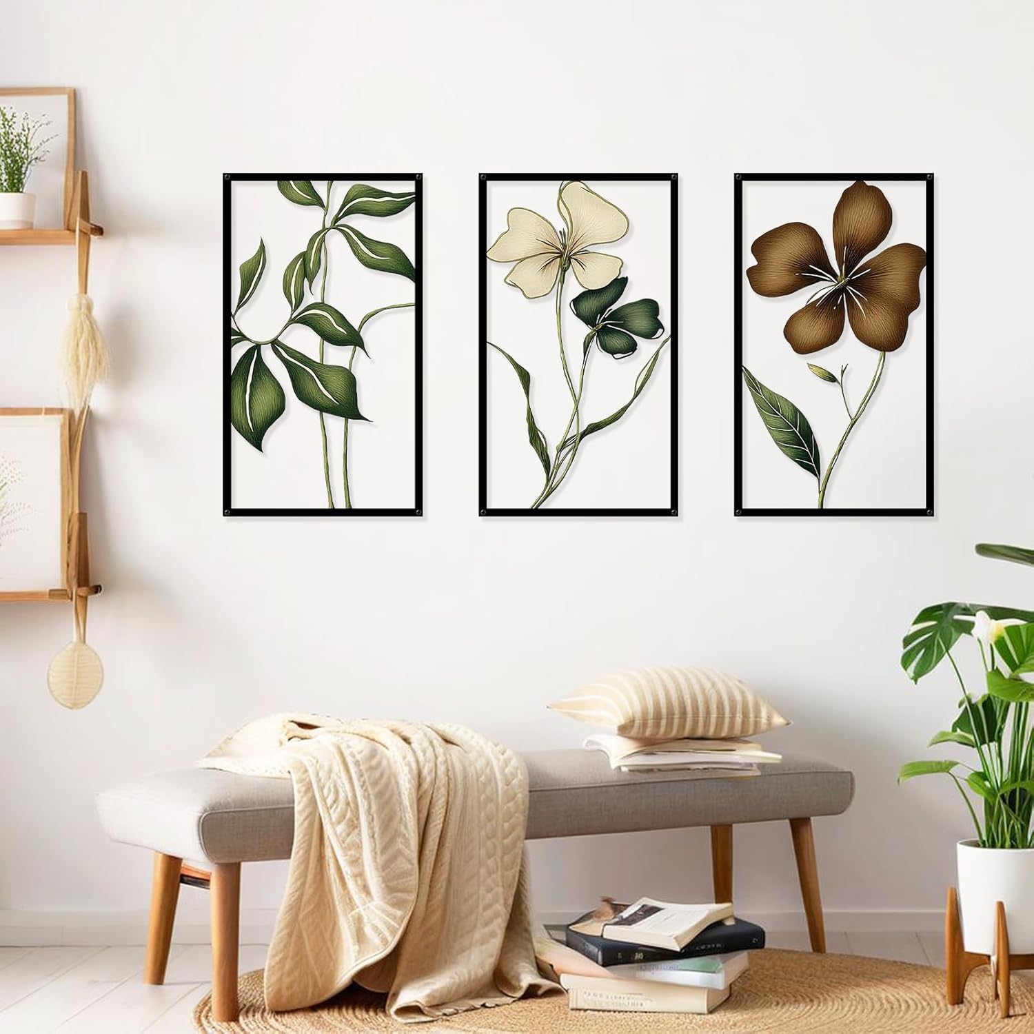3Pcs Metal Floral Wall Art 3D Minimalist Wall Art Modern Abstract Flower Hanging Sculptures Minimalist Botanical Home Decor for Living Room Bathroom Kitchen Housewarming Gifts. (Size:17 * 9.8in)