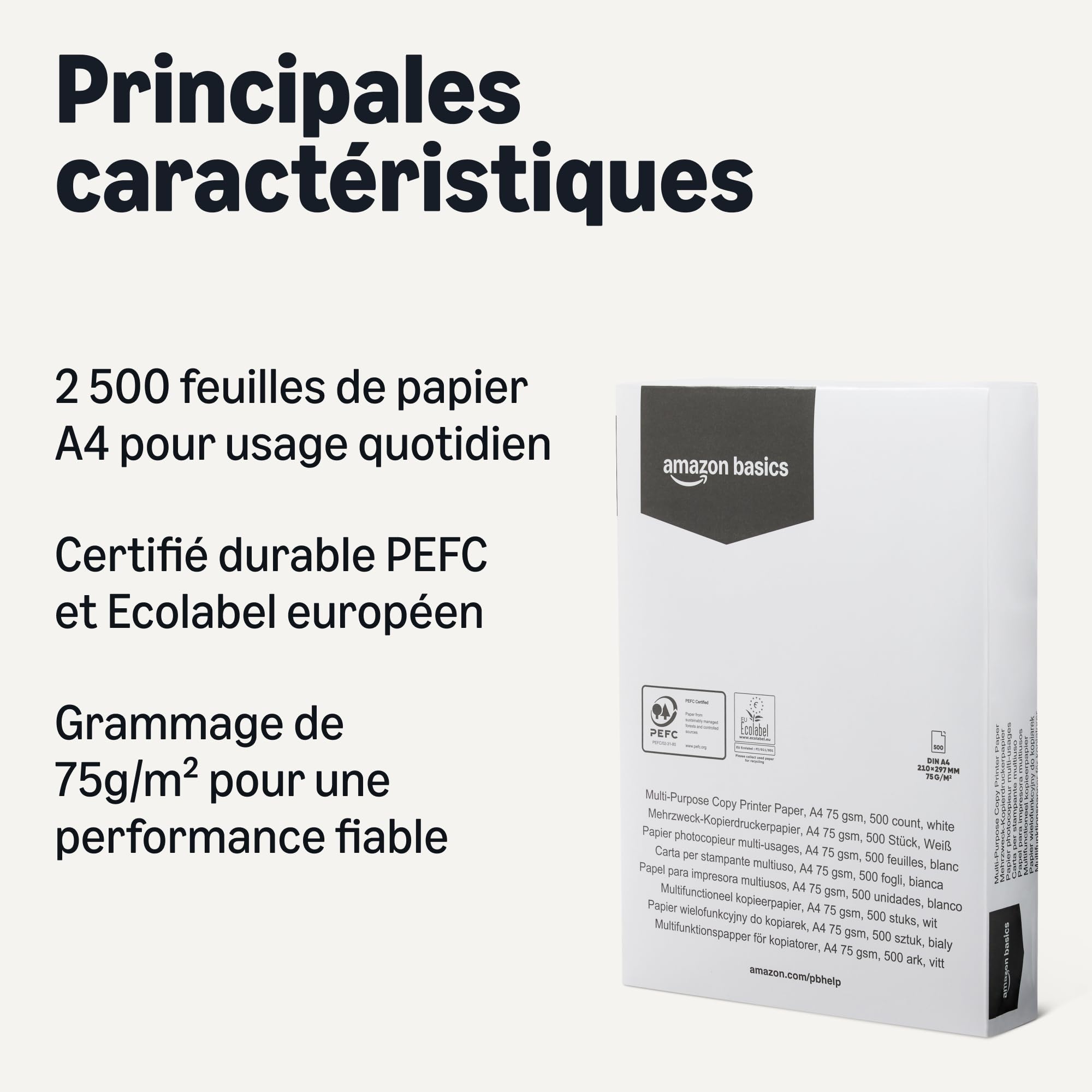 Amazon Basics Papier pour Imprimante Multifonction, A4 75g/m², carton de 5 ramettes de 500 feuilles, Blanc