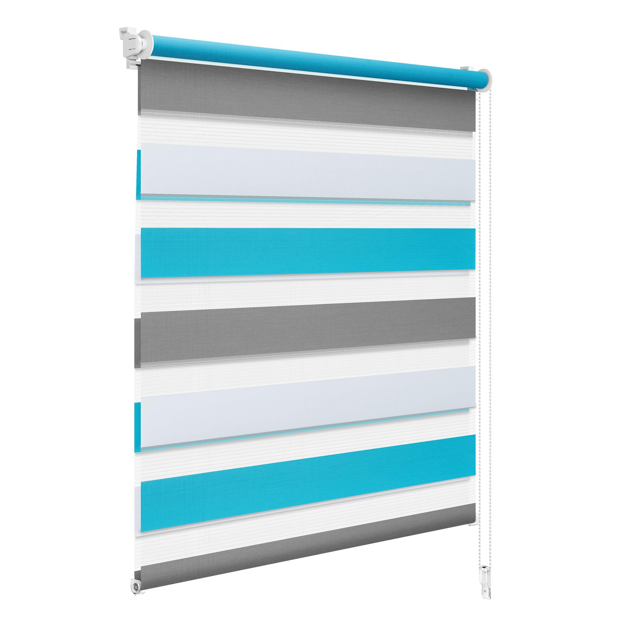 WOLTU Doppelrollo Klemmfix ohne Bohren Weiß+Grau+Türkis B70 x H150 cm, Duo Rollo lichtdurchlässig Fensterrollo für innen verdunkelnd, Zebrarollo mit Kettenzug - Seitenzugrollo für Fenster und Tür