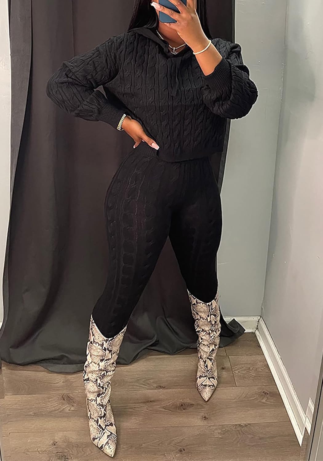 NRTHYE Women's 2 Piece Sweater Sets Long Sleeve Hooded Cable Knit Crop Top High Waist Pants Sweatsuit Outfits - Image 2