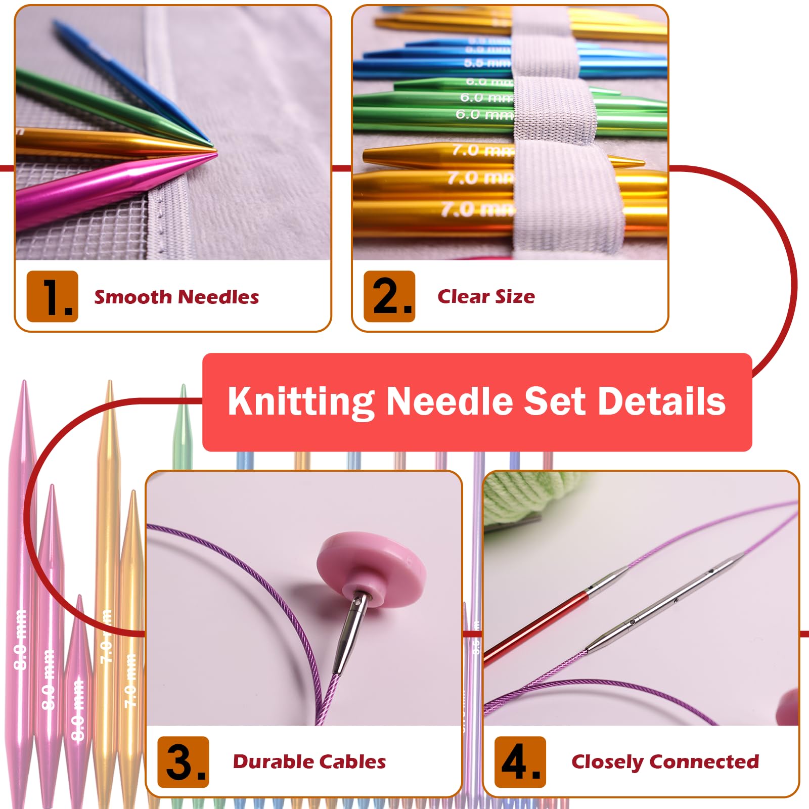 Knitiss Rundstricknadeln mit Etui, 11 Paar Rundstricknadeln, 3–8 mm | Austauschbare Rundstricknadeln aus Aluminium mit 5 Kabeln, mehrfarbig