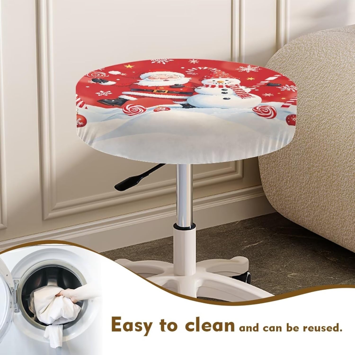 Kuiaobaty Christmas Decorations Round Bar Stool Seat Covers 8 Pack Cute Snowman Santa Claus Washable Stool Cushion Slipcover Elastic Bar Chair Covers for 13-15 Inch Chair
