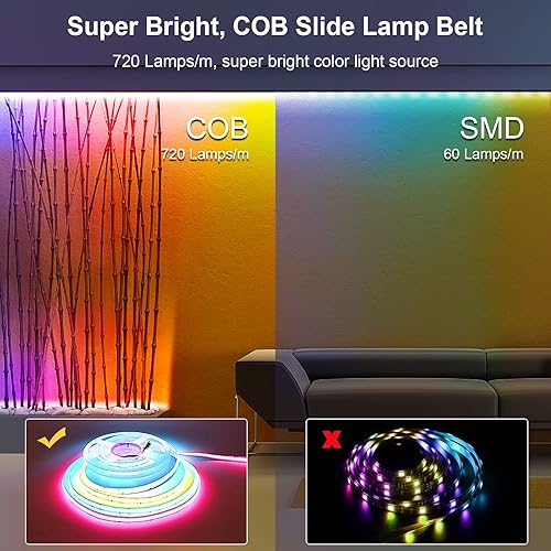 Miniatura 8 de Tira de luz LED COB WiFi RGB+IC 5M, DC12V RGB+IC Tira de luz LED COB regulable, alta densidad 720LEDsM, control de aplicación, sincronización de