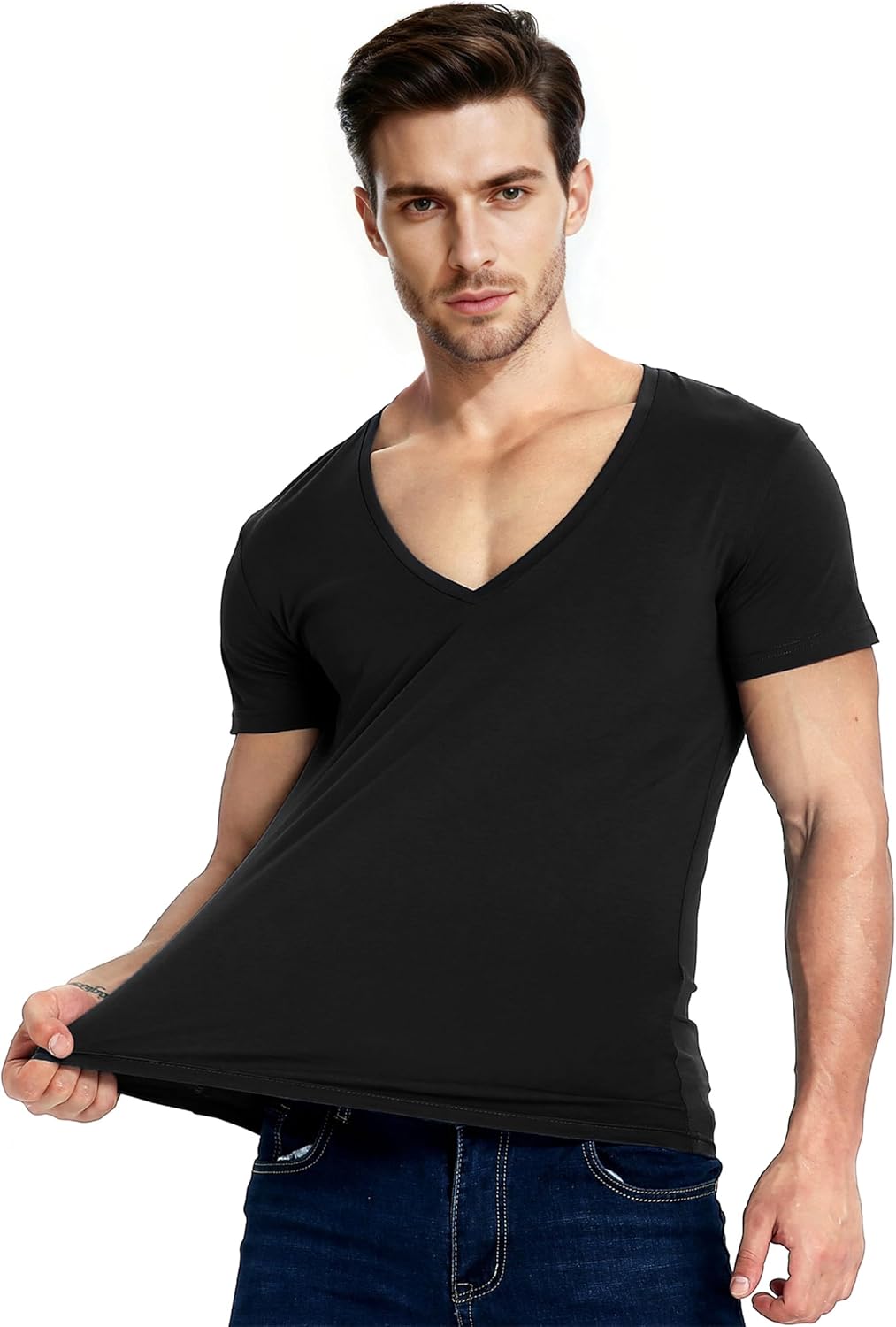 Mens Deep V Neck T-Shirts Vneck Tshirt Low Cut Undershirts Slim Fit Short Sleeve Tees - Image 2