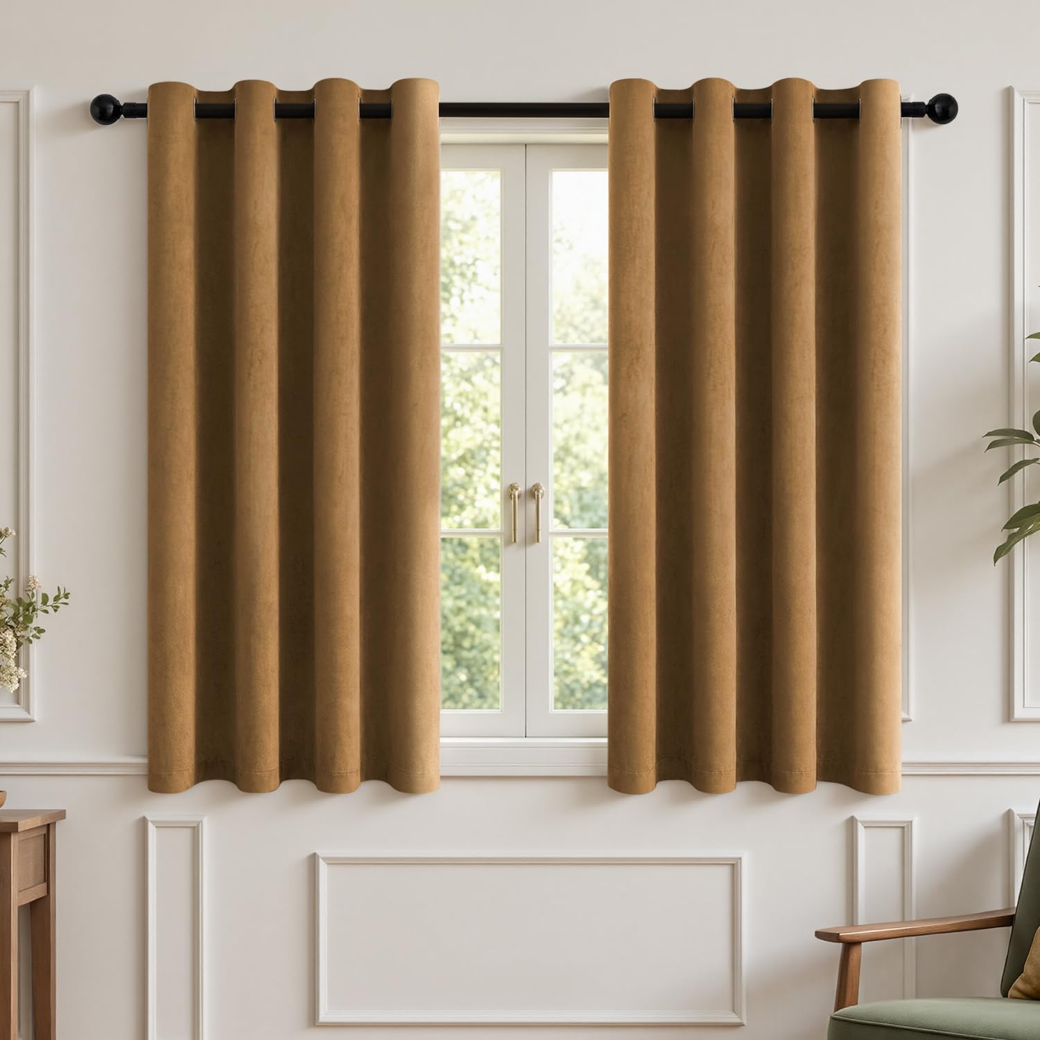 TOPICK Eyelet Velvet Thermal Blackout Curtain 2 PCS Golden Brown, W46 xL54