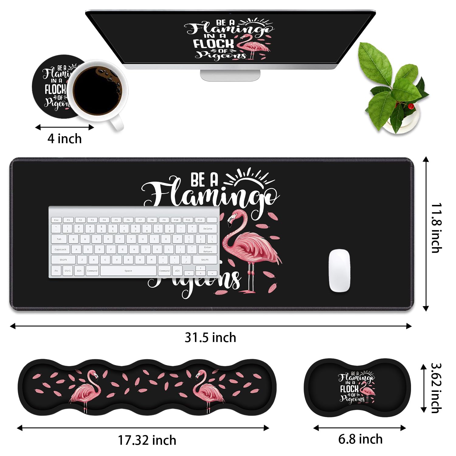 Ergonomic Memory Foam Mouse Pad Wrist Rest Set, Be a Flamingo in a Flock Pigeons Inspirational Quote Large Desk Pad + Keyboard Wrist Rest + Mouse Wrist Cushion + Coaster for Home Office Study Gaming