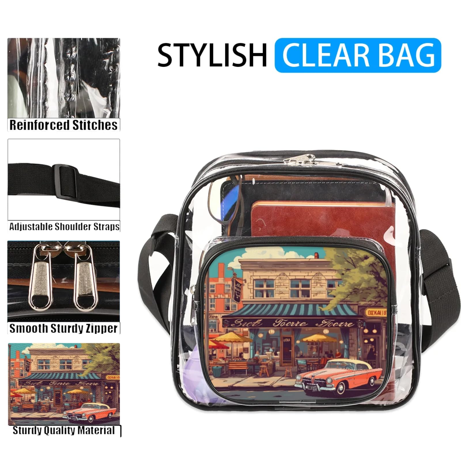 Clear Crossbody Bag Stadium Approved Street Landscape Transparent Bag for Festivals, Sports Events, Concerts,Beach Bag for Women Men Clear Purse with Front Pocket Messenger Bag with Adjustable Strap