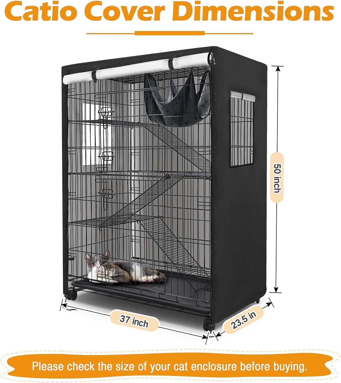 Catio Cover,37" L x 23.5" W x 50" H Cover for Catio Outdoor Cat Enclosure Waterproof, 420D Cat Cage Covers for Homey Pet Cats Cages, Outdoor Cats Enclosure Covers(Black)(Catios Not Included)