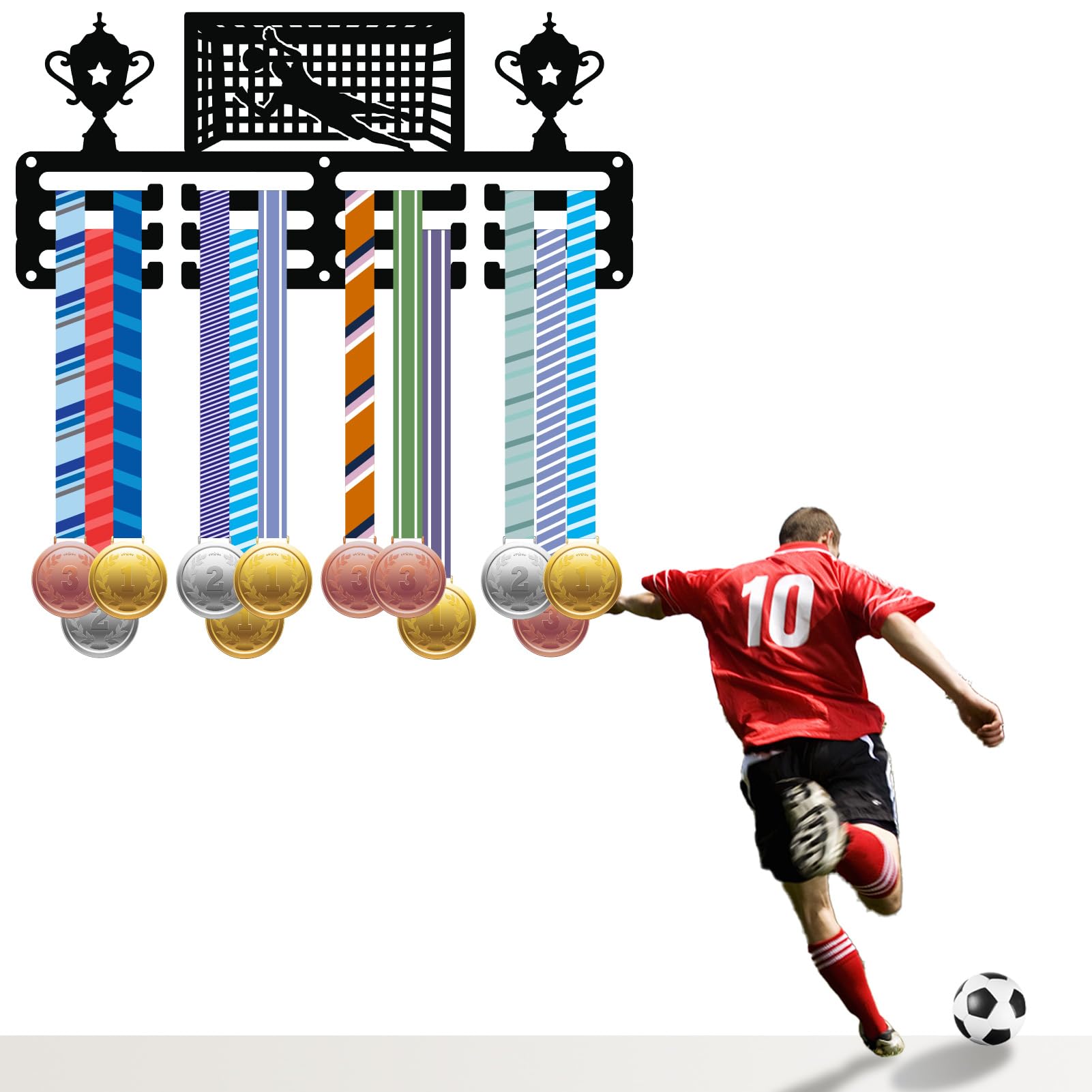 CREATCABIN Espositore per Medaglie da Calcio Piccolo Porta Premi da Calcio in Metallo per Sport Gare Nastri Organizer Mensola da Parete per Appendere 40+ premi Badge per Atleti 29x13cm