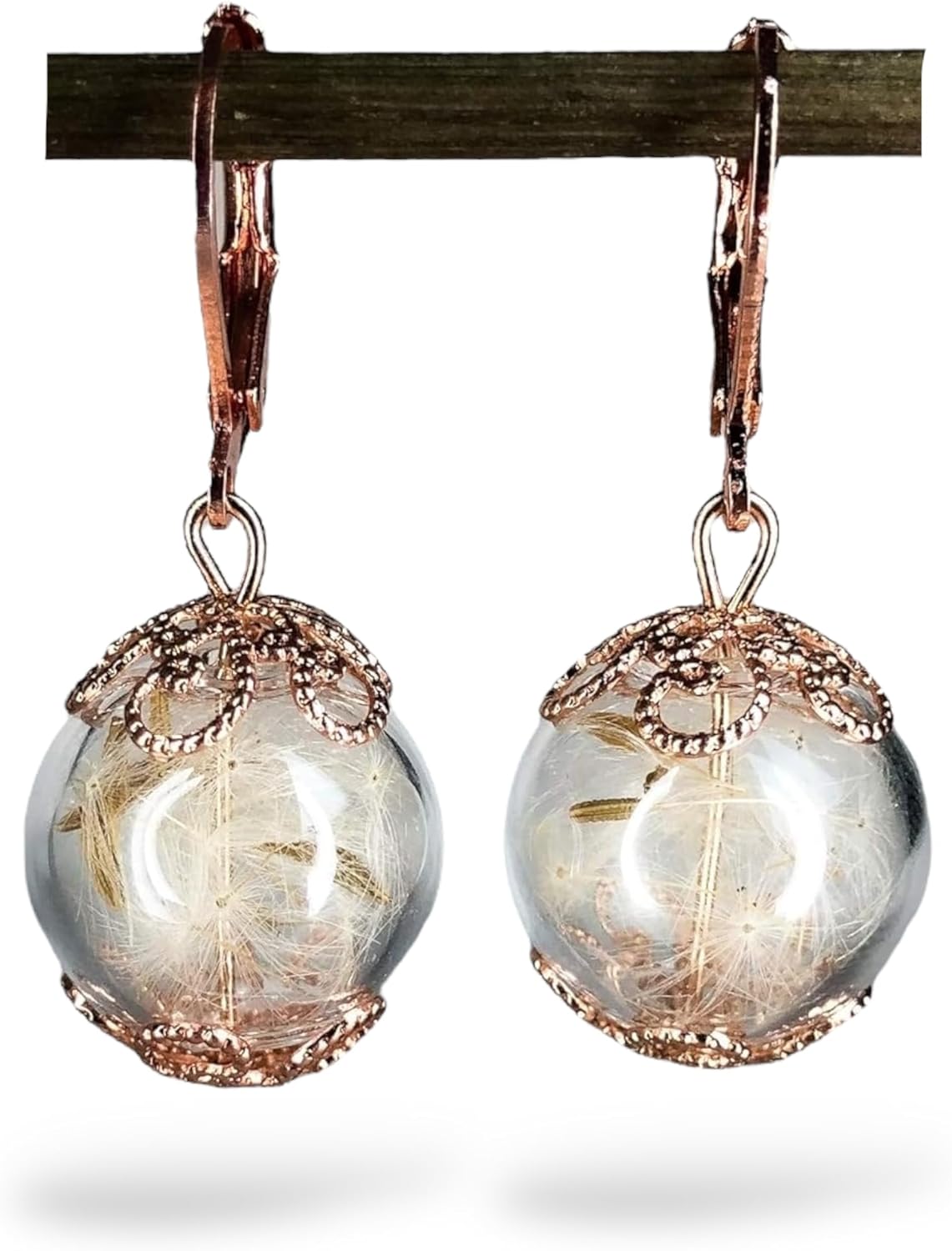 Real Dandelion Earrings - Rose Gold Plated - Lever Back Hooks - Hanging 3cm/1.18inch - Handmade in Germany - Gift Box