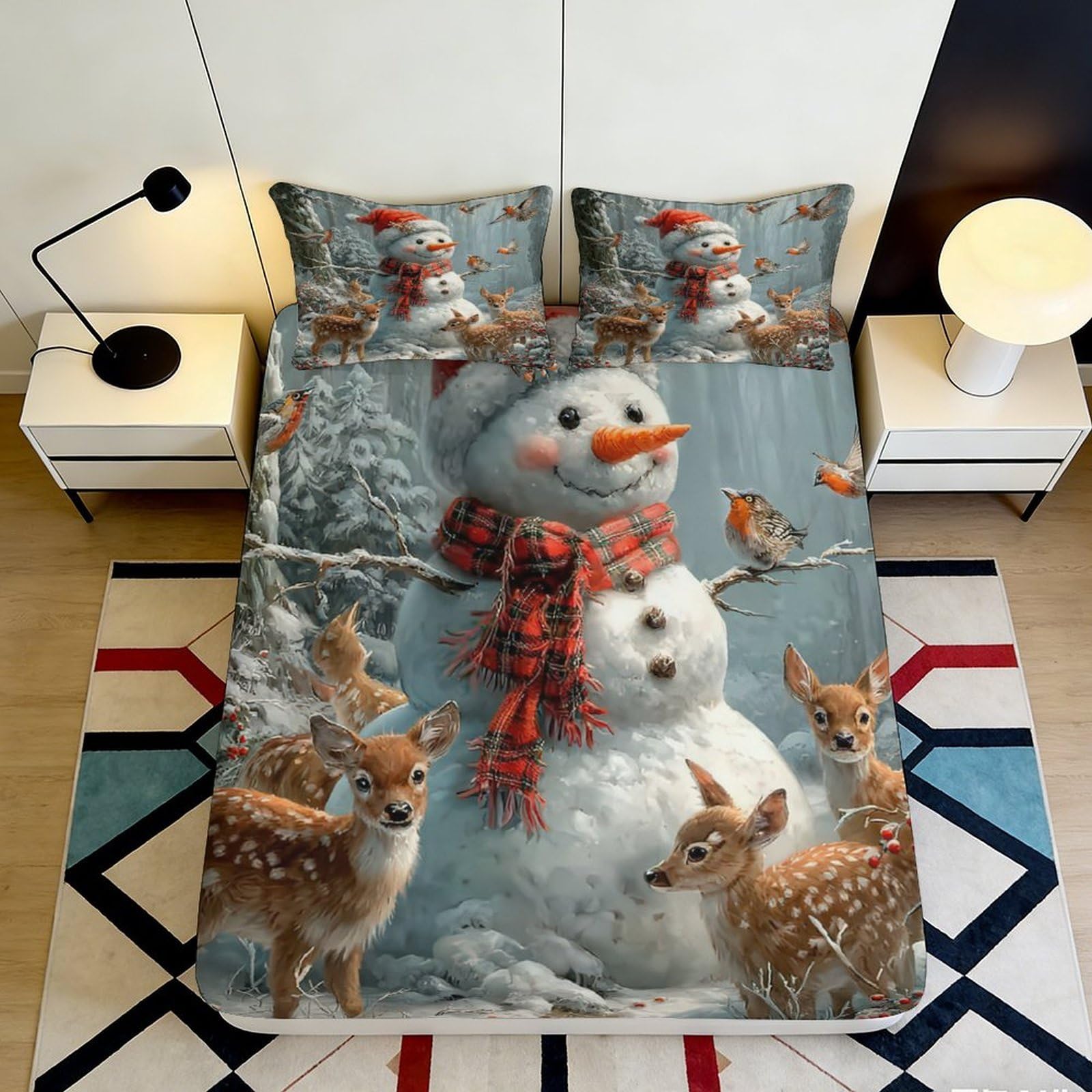 Pnayamiorkfel Style-6 3D Printed Snowman Winter Forest Fitted Sheet Microfiber Soft Bed Cover Christmas Deer Decor For Bedroom Guest Room 90X200x25cm