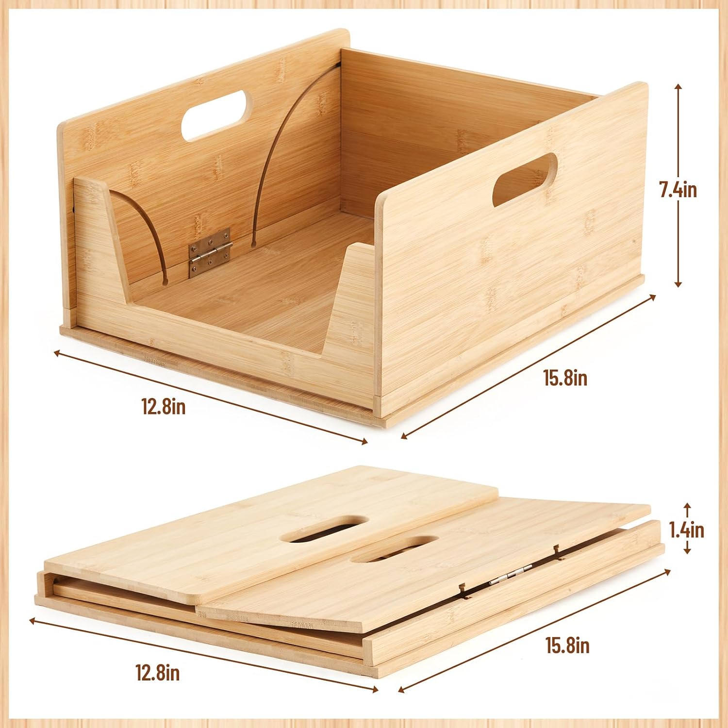 2 pack bamboo pantry organizers storage bins large stackable open front potato and onion storage baskets foldable kitchen counter organizer for pantry food organization,12.8 x 15.8 x 7.4 inch