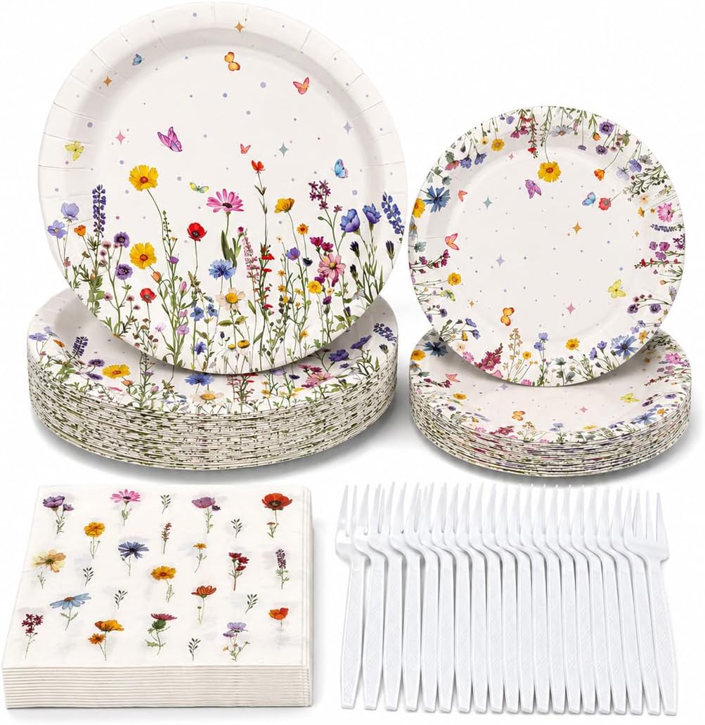 96 Pcs Wildflower Plates and Napkins Party Supplies, Floral Paper Plates & Napkins, Party Decorations Tableware for Spring Summer Picnic Wedding Birthday Tea Party, Serves 24