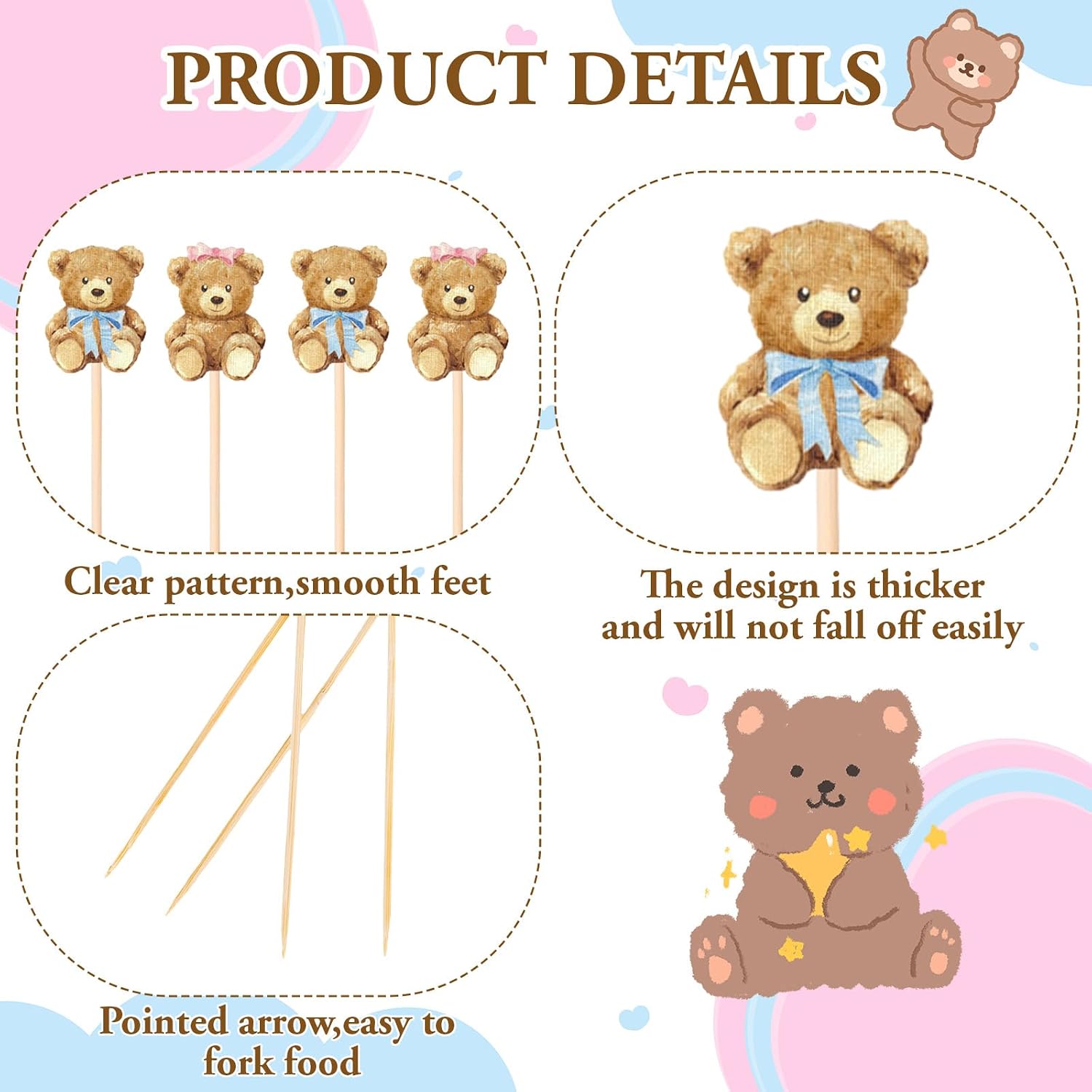 JarThenaAMCS 200Pcs Bear Gender Reveal Cocktail Picks Decorative Garnish Sticks Pink Blue Cartoon Bear with Bow Handmade Toothpick for Neutral Baby Shower Birthday Party