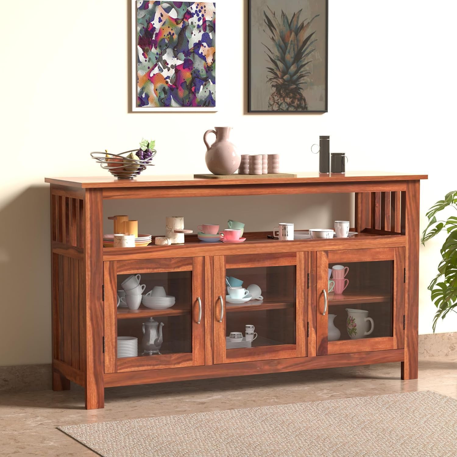 Credenza Wooden Storage Cabinet with Glass Doors & Open Shelf | Modern Sideboard & Crockery Unit for Living Room & Dining | Display Cabinet (Honey Finish)-image-12