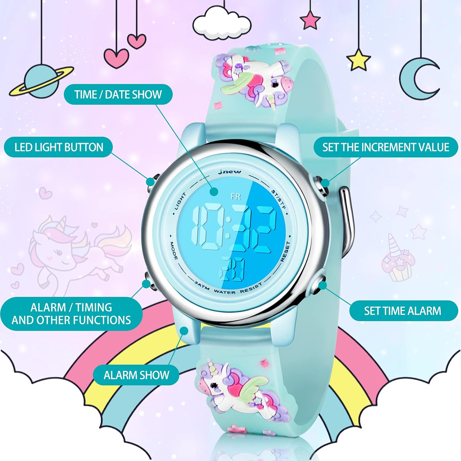 Yaomiao 3 Pieces Kids Unicorn Digital Sport Watches and Bracelets,7 Color Lights, Alarm, Stopwatch, 3D Waterproof Watch Gift for Girls 3-10 Years Old (Cute Style)