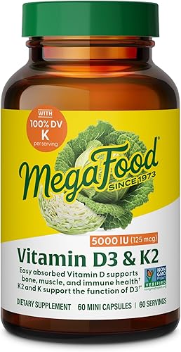 MegaFood Vitamina D3 5000 IU (125 mcg)  Salud ósea y apoyo inmunológico con vitaminas D3, K y K2  Vegetariana, sin gluten, hecha sin lácteos ni