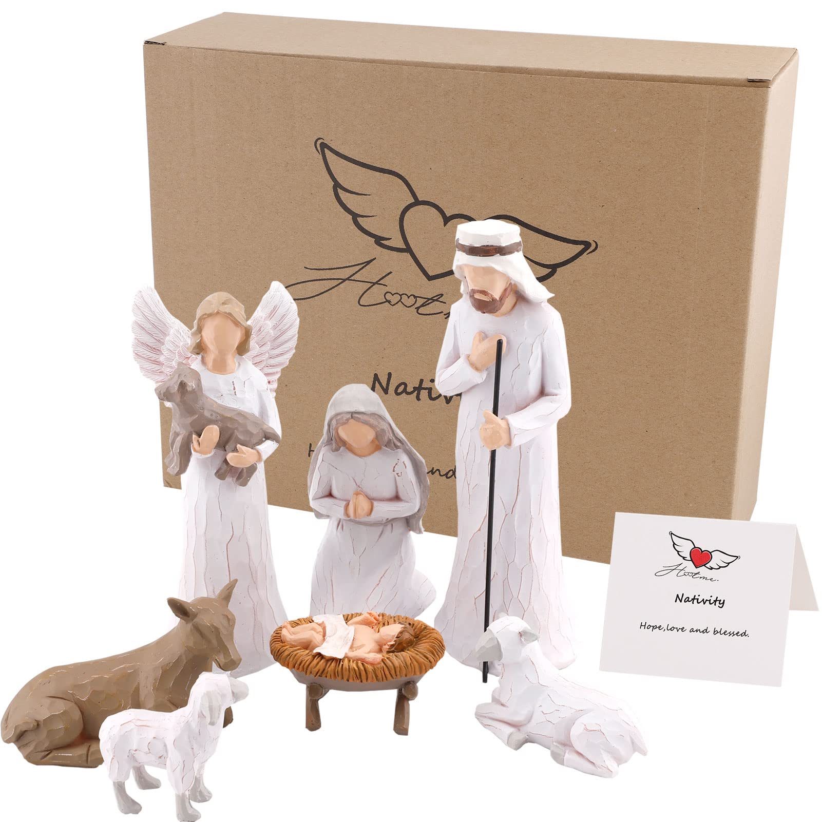 Krippenfiguren Set, Handbemalte Krippenfiguren, 7 Krippe Handbemalte Harzfiguren, JesusBaby, Maria, Josef, Esel, Engel und Zwei Schafe, Weihnachtsdeko Geschenke