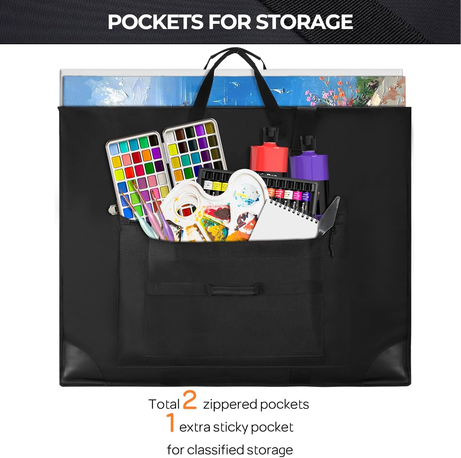 Nicpro Large Size Art Portfolio Case, Artist Portfolio Tote Bag with Leather Corners & Side Widening, Waterproof Storage Portfolio Folder with 3 Pockets for 32'' x 42'' Poster Canvas Sketching Drawing
