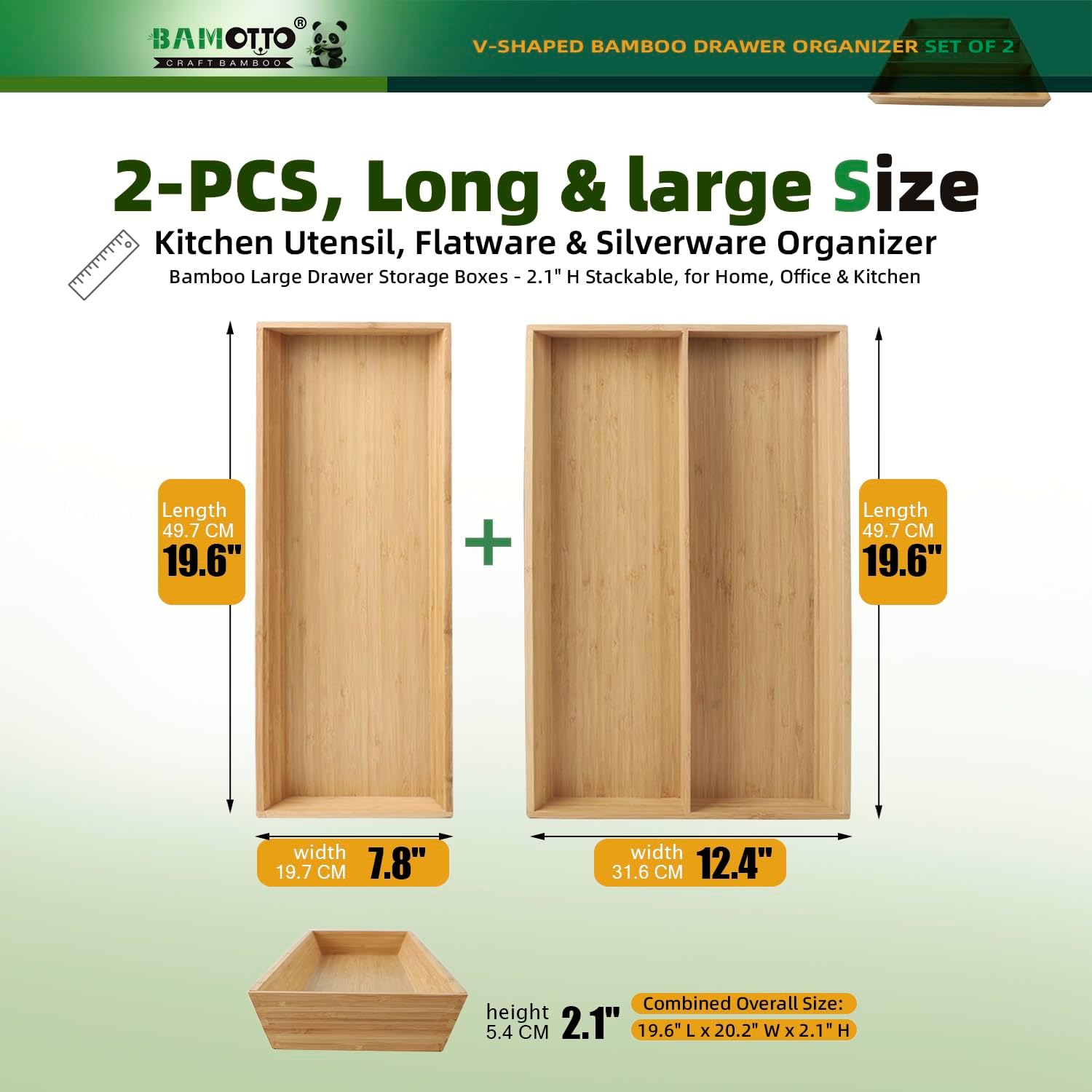 V-Shaped 2-Pack 19.6" Long Bamboo Drawer Organizer Box - Easy Reach Kitchen Utensil Flatware Silverware Cooking Tools Storage for Home Bedroom Bathroom (19.6"x12.4"/19.6"x7.8") - Image 2