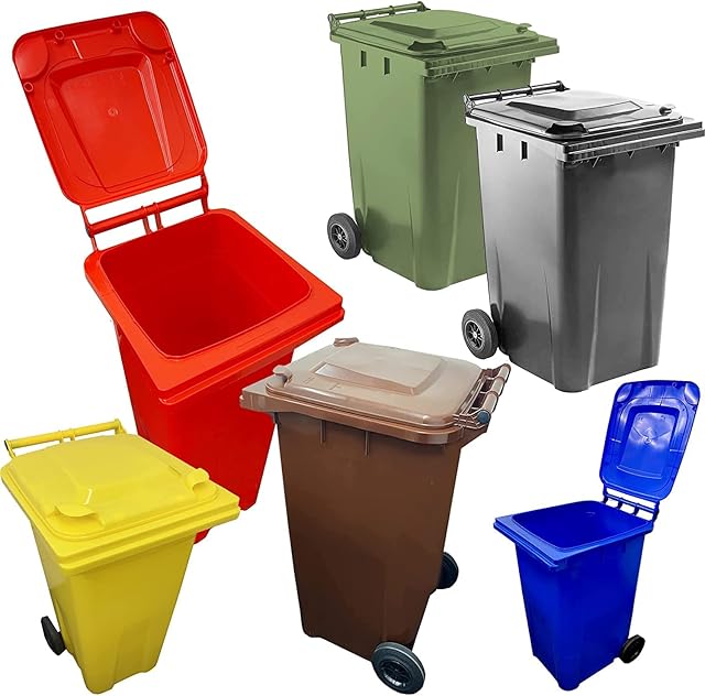 Pluto Packaging Large Outdoor 240L Garden Waste Recycling Wheelie Bin With Rubber Wheels Handle & Lid (Yellow)