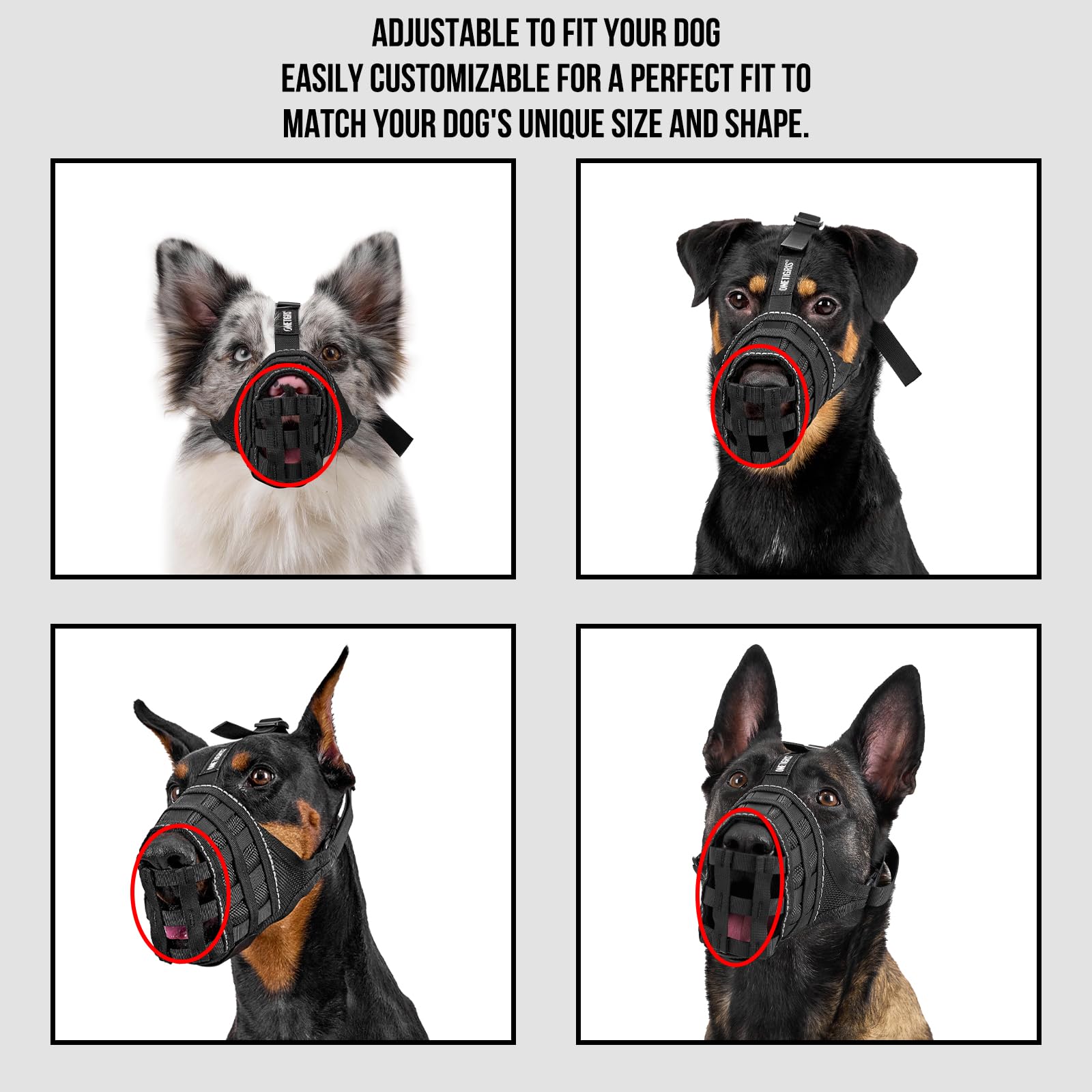 OneTigris Muselières pour Chiens, Maille Respirante Nylon, Museliere pour Chiens Ajustable avec Sangles Velcro, Respectueuse du Chien Qui Peut Haleter Et Boire, Museliere Anti Aboiement, XL