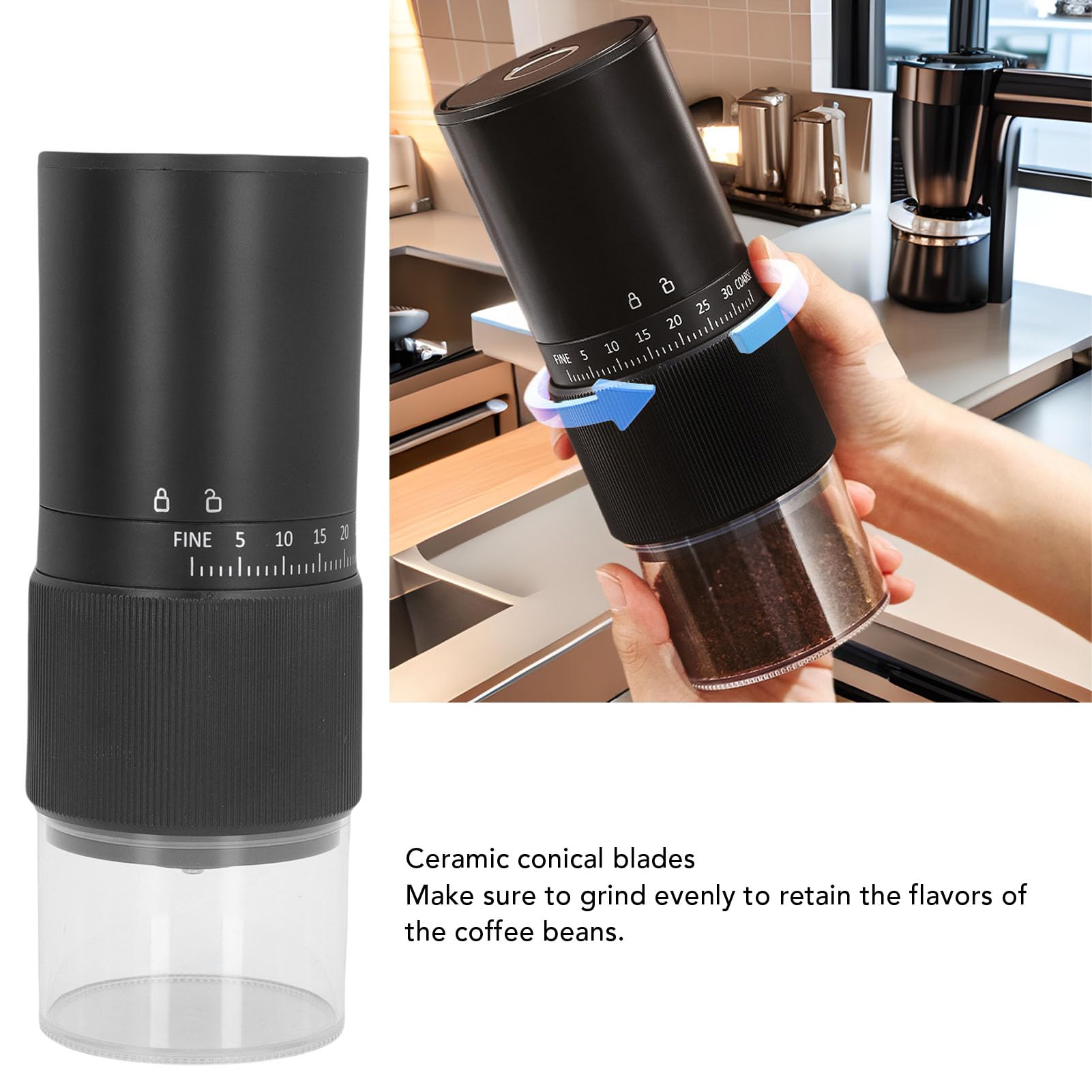 Molinillo de café en Grano de Rebaba Cónica de Cerámica con Carga USB Ajustable Portátil para el Hogar, Viajes, Camping, Oficina, Molinillo de café Recargable