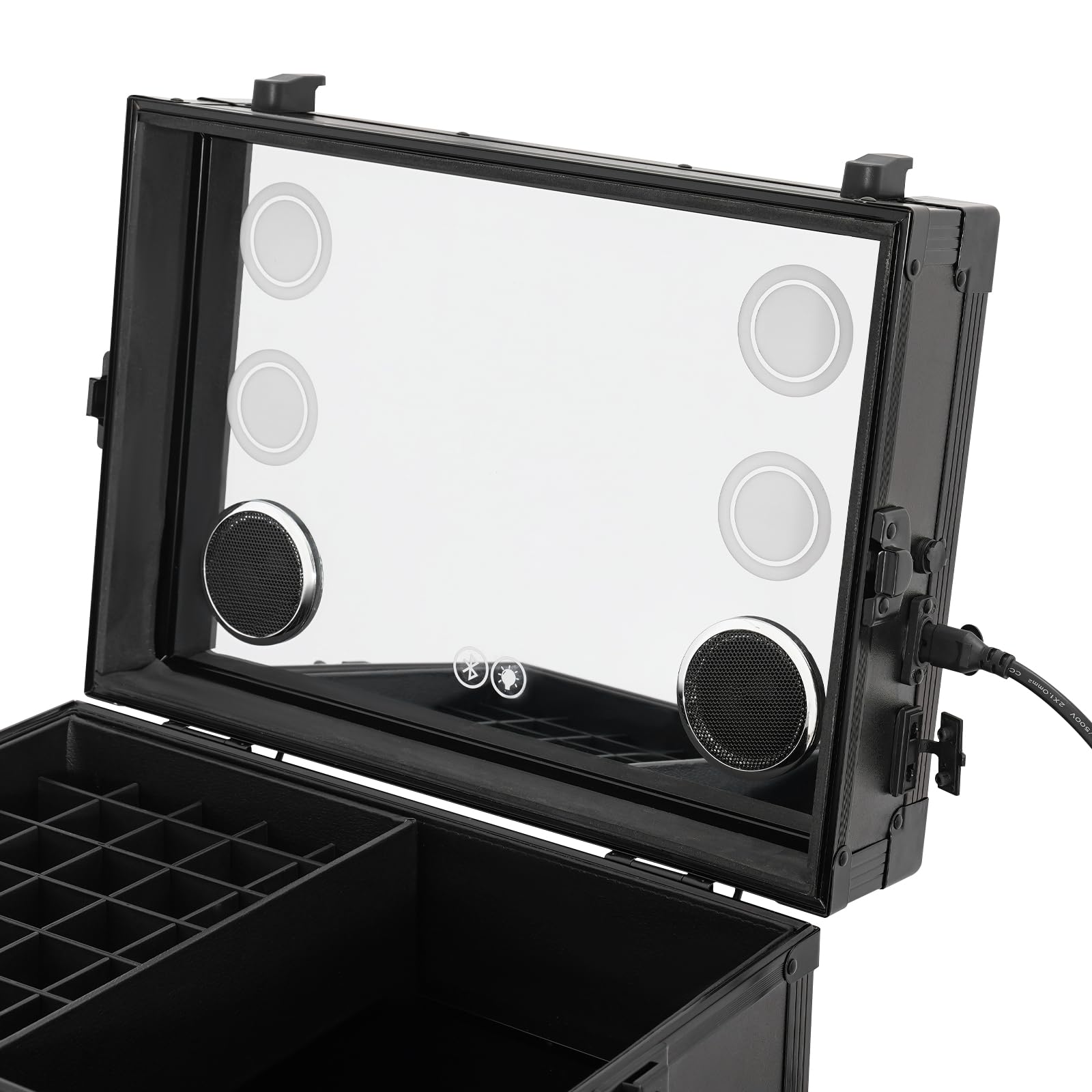 Maletín de maquillaje con espejo y Bluetooth y ruedas – 3 cajones – Grande moderno, capacidad de carga de 50 kg, para peluquería y belleza