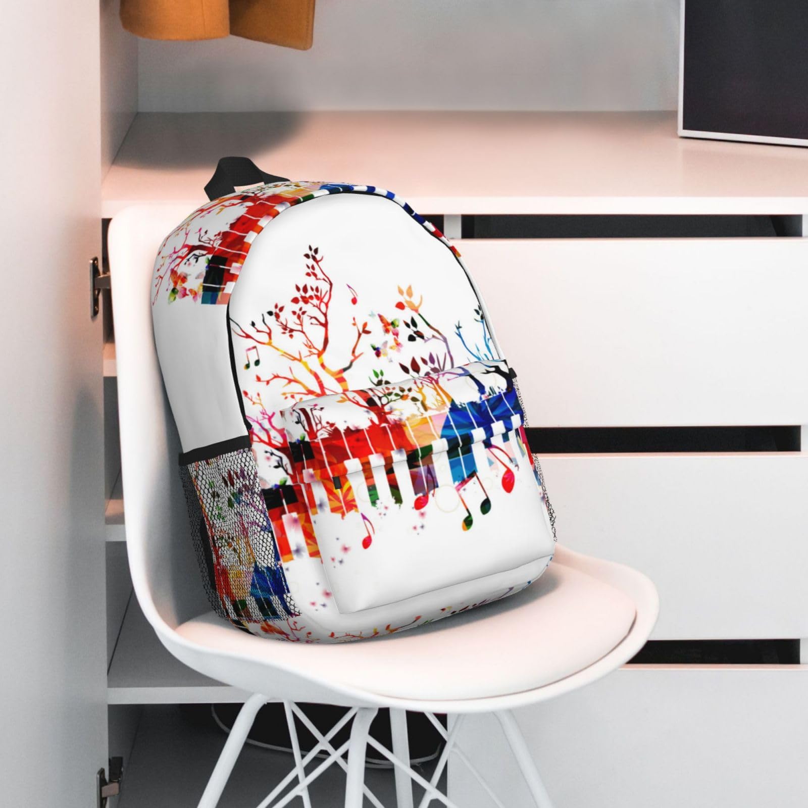 Zaino colorato con tastiera di pianoforte e note musicali, zaino leggero da viaggio casual