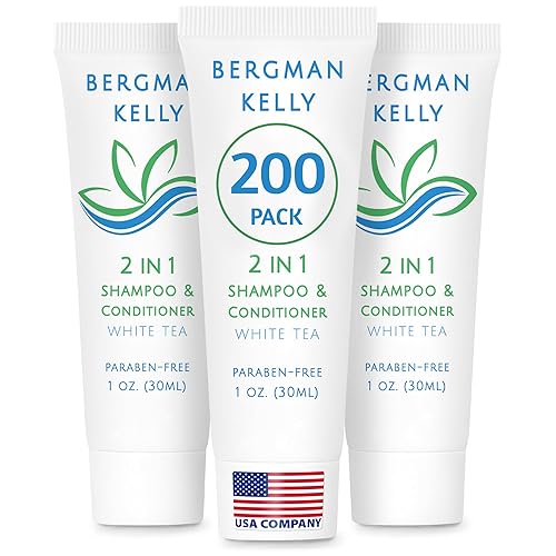 BERGMAN KELLY Champú y acondicionador de tamaño de viaje 2 en 1 (1 onza líquida, paquete de 200 unidades, té blanco), deleita a tus invitados con