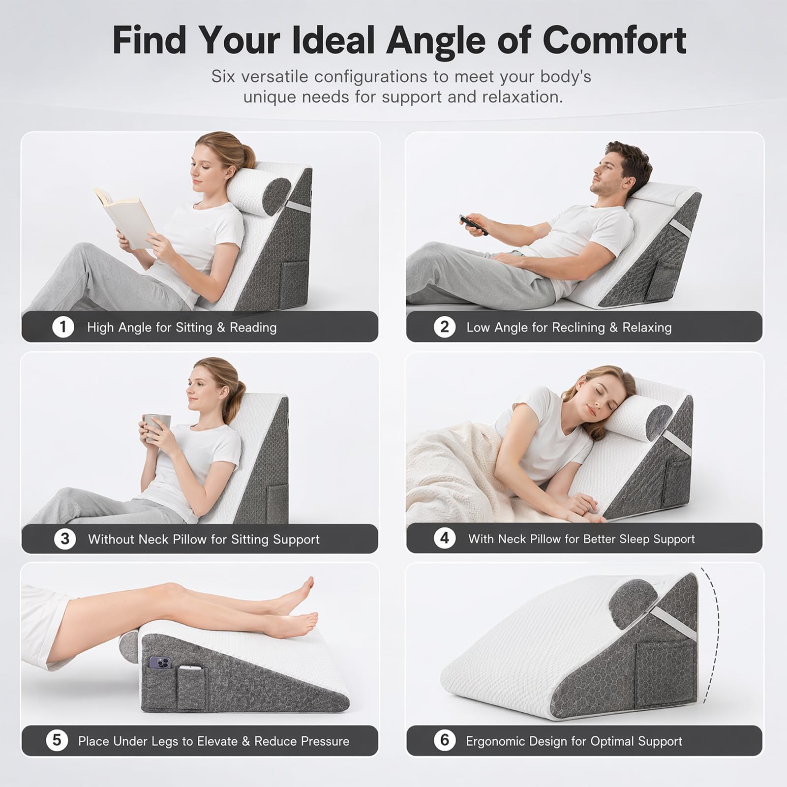 Cuscino inclinabile con angolazione regolabile,3-in-1 multifunzionale per letto e schiena, Cuscino triangolare ortopedico in memory foam