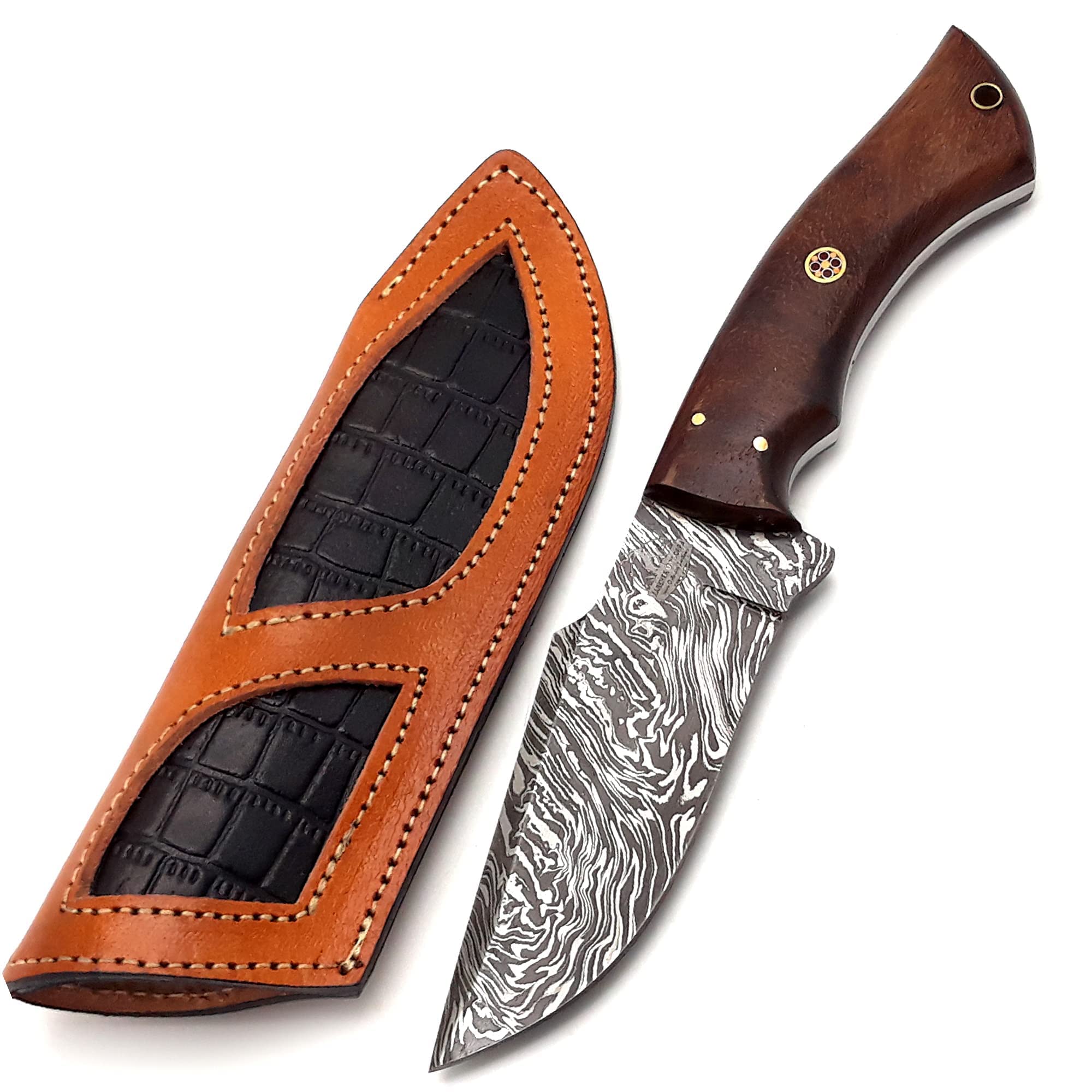 9.5-inch Handmade Damascus steel hunting knife with sheath Fixed blade knife for Survival, Camping, Bushcraft Ergonomic Walnut wood handle Brown