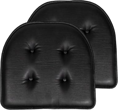 Sweet Home Collection Chair Cushion Memory Foam Pads Tufted Slip Non Skid Rubber Back U-Shaped 17" x 16" Seat Cover, 2 Count Pack of 1, Faux Leather Black