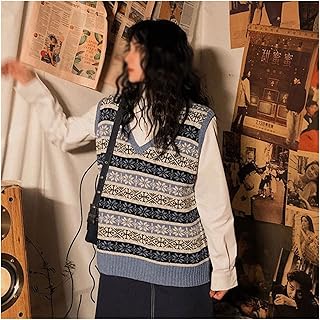 TJLSS Sweater Vest Women Patchwork Jacquard Geometric V-neck Medium-long Baggy Autumn Student Knitted Waistcoat (Color : ...