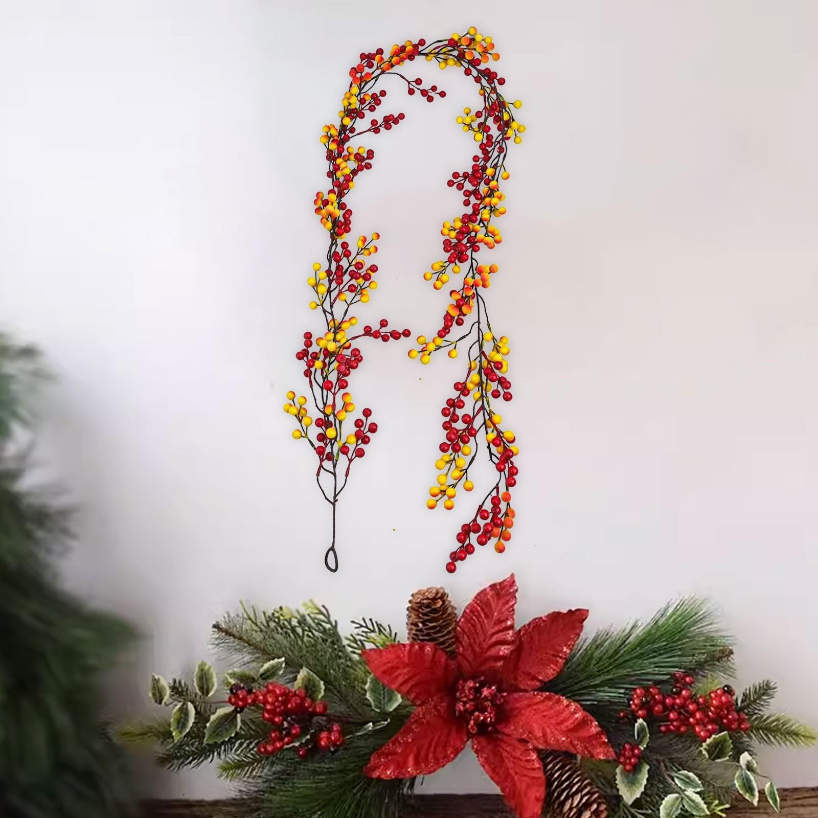 6FT Christmas Berry Garland Flexible Artificial Burgundy Berry Christmas Garland for Indoor Outdoor Hone Fireplace Decoration for Winter Holiday New Year Decor(Red)