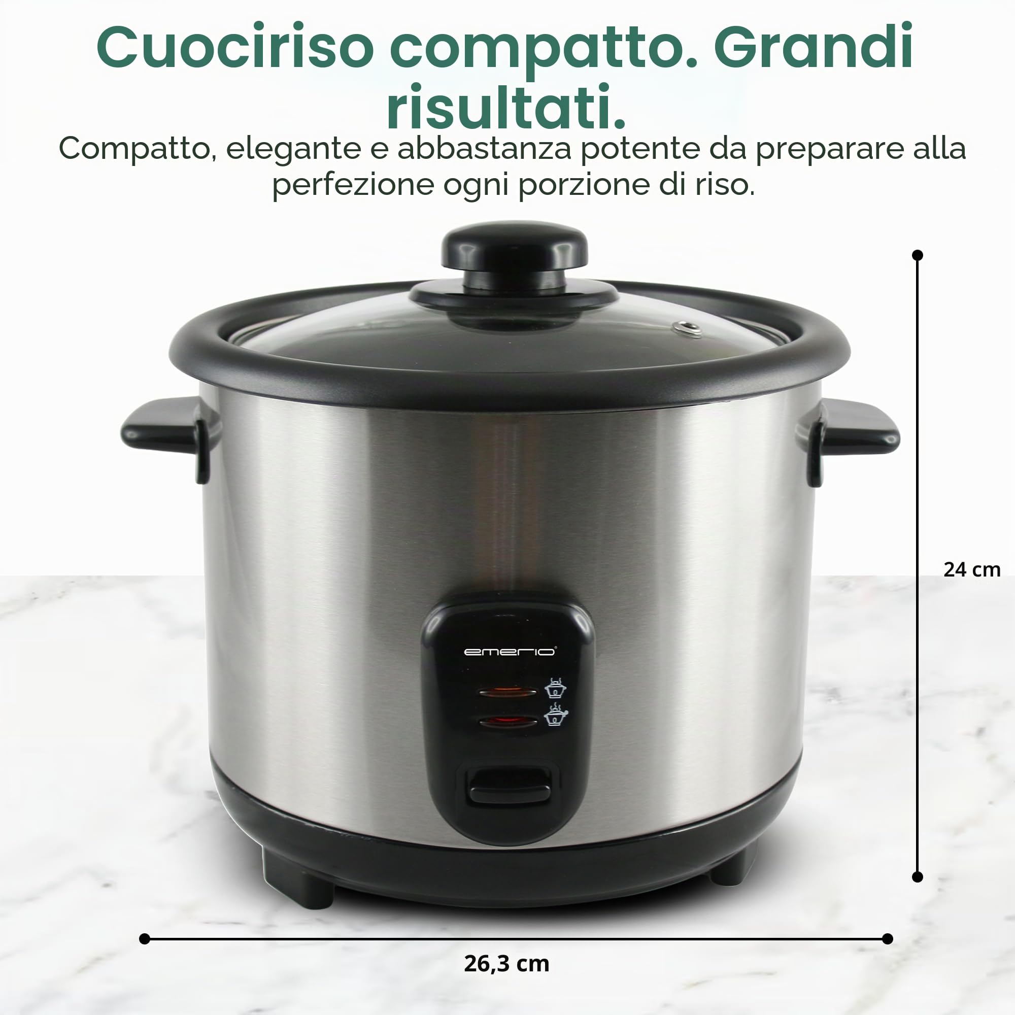 EMERIO Cuociriso automatico Eco | volume 1,5 l | funzione di mantenimento del calore | spegnimento automatico | rivestimento antiaderente | coperchio in vetro | con cucchiaio di riso + misurino |